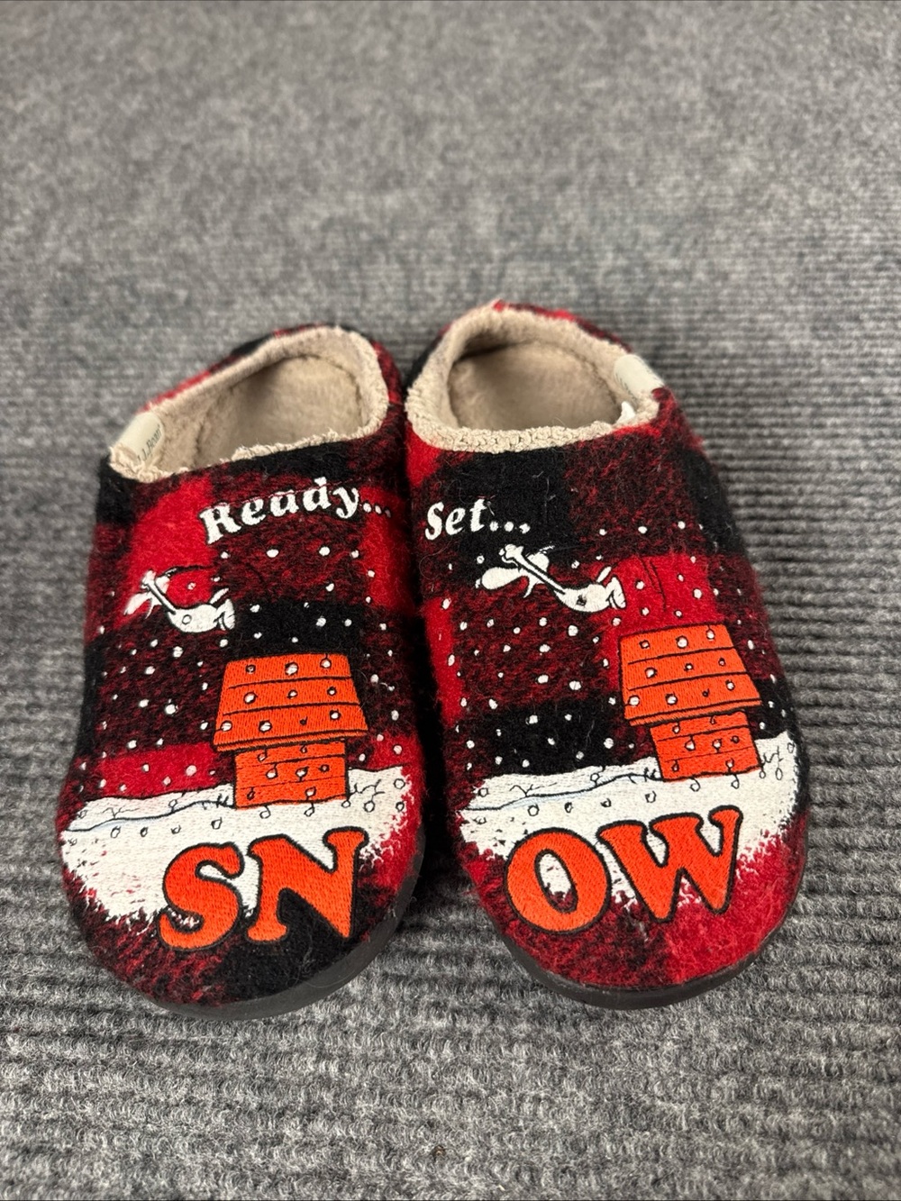 L.L.Bean Peanuts Daybreak Scuff Slipper Red Plaid Snoopy Wool Fleece Anti Slip 8